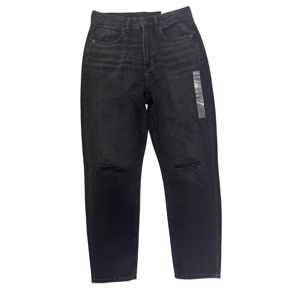 American Eagle Highest Rise Mom Jean Rocker Black Distressed Denim Size 6 28W